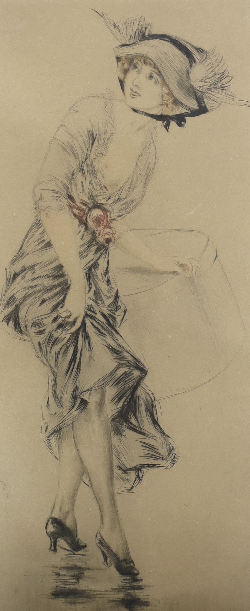 Louis Icart (French, 1888-1950), colour etching, Art Deco Lady, signed in pencil, limited edition, 3/75, 32 x 14cm